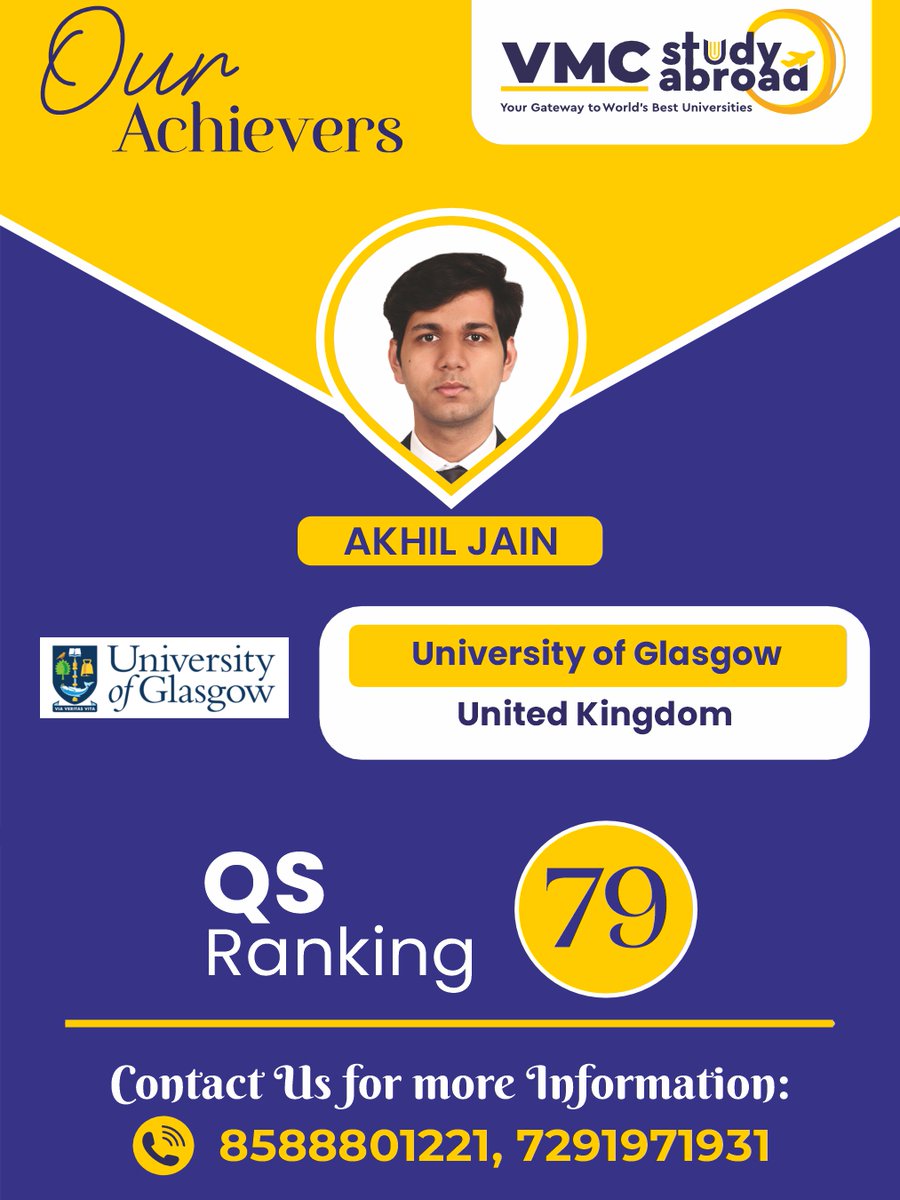 vmcstudyabroad's tweet image. VMC Study Abroad students continue to shine at the world’s top universities. Congratulations to Akhil Jain on securing admission to the prestigious University of Glasgow, UK. We are proud of you!
.
.
.
#achiever #learnthroughplay #vmc #stuadyabroad #éducation #ranking