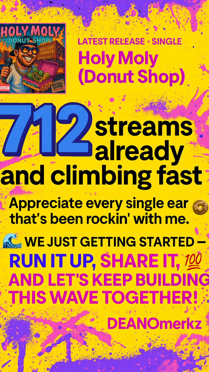 DEANOmerkz's tweet image. 🚨 712 streams already on Holy Moly (Donut Shop) and climbing fast! 🍩🔥 

Appreciate every single ear that’s been rockin’ with me. 🙏 

We just getting started — run it up, share it, and let’s keep building this wave together! 🌊💯

#HolyMoly #DonutShop #DEANOmerkz #NowStreaming
