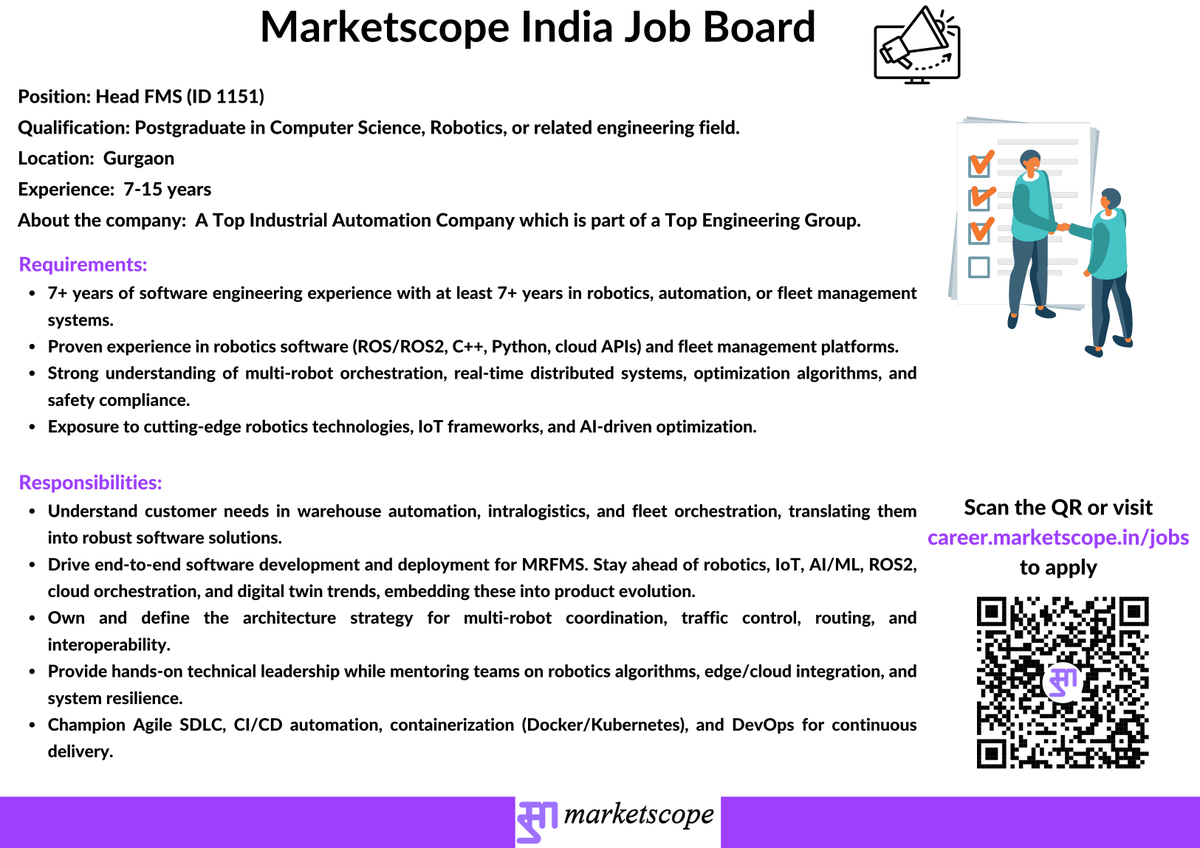Marketscope_IND's tweet image. Job Alert !!!
We are currently looking for candidates for a HEAD FMS for an industrial automation company, part of a top engineering group.

Experience: 7-15 Years
Location: Gurgaon

To apply please visit
career.marketscope.in/jobs
(Please search for ID 1151)

For more such updates,…