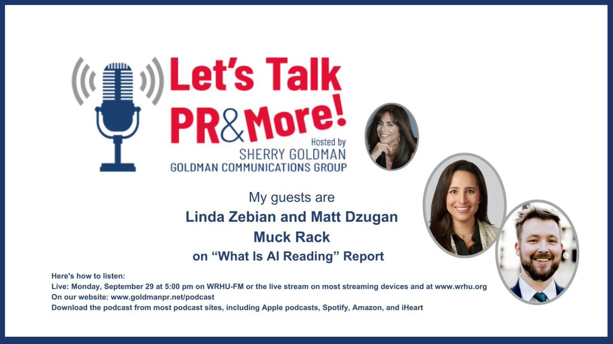 Sherry Goldman-Let's Talk PR & More! (@sherrygoldmanpr) on Twitter photo We get most info from #AI, but where is AI getting its info? I talk w/<a href="/muckrack/">Muck Rack</a>'s <a href="/lindazebian/">Linda Zebian</a> & <a href="/MattDzugan/">Matt Dzugan</a> about its What is AI Reading report on Let's Talk PR & More! Surprising findings! Listen today on WRHU-FM; download podcast #LetsTalkPRandMore #publicrelations #media We get most info from #AI, but where is AI getting its info? I talk w/<a href="/muckrack/">Muck Rack</a>'s <a href="/lindazebian/">Linda Zebian</a> & <a href="/MattDzugan/">Matt Dzugan</a> about its What is AI Reading report on Let's Talk PR & More! Surprising findings! Listen today on WRHU-FM; download podcast #LetsTalkPRandMore #publicrelations #media