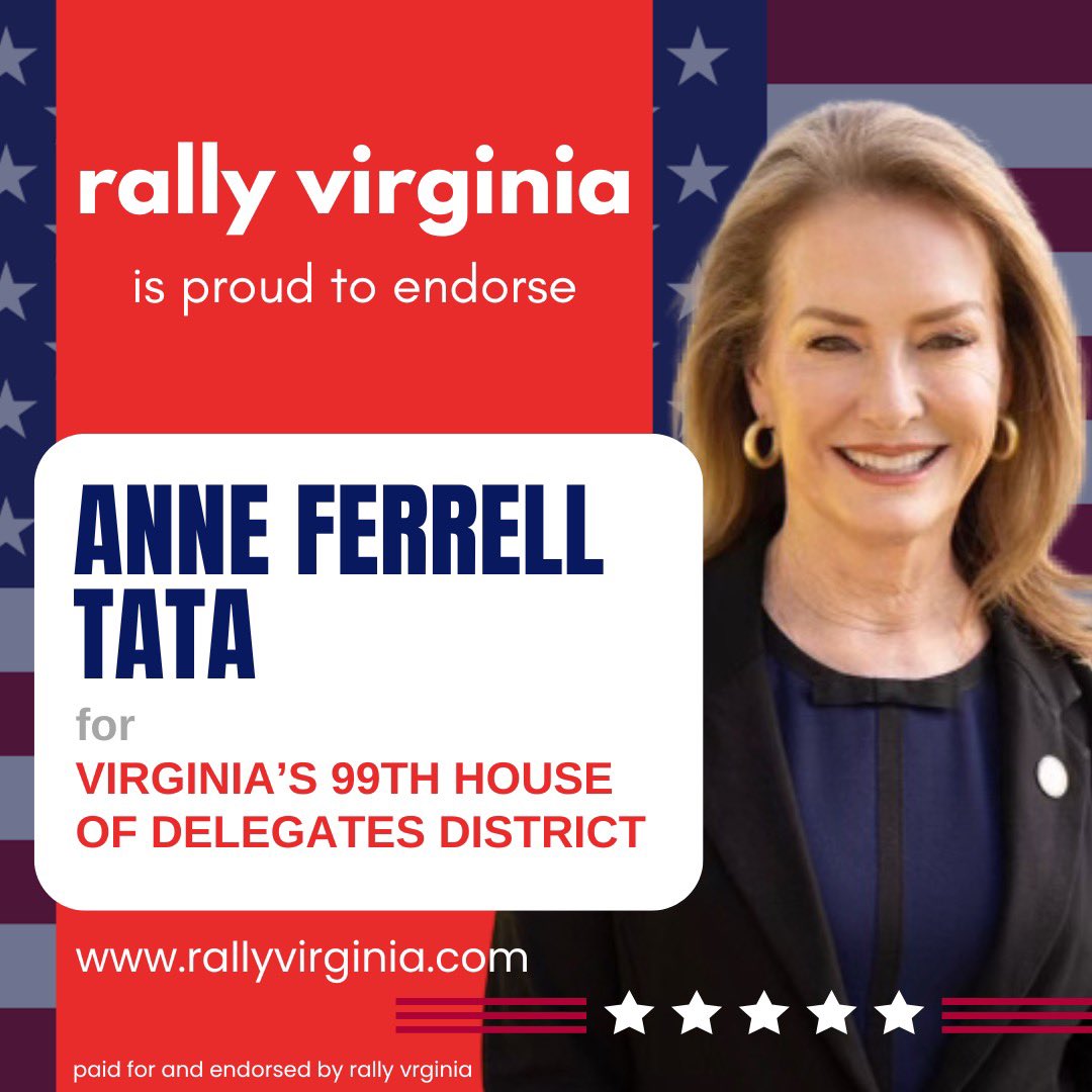 🇺🇸ENDORSEMENT ALERT🇺🇸

<a href="/Rally_Virginia/">Rally Virginia</a> is PROUD to endorse Anne Ferrell Tata for Virginia’s 99th House of Delegates District!

Anne is a champion for common-sense conservative values. She supports law enforcement, demands high academic standards in our schools, and will fight to