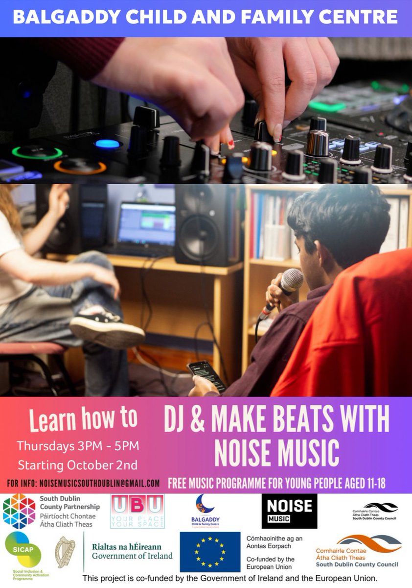 Parents/Guardians, 
We are very lucky to have Balgaddy Child and Family Centre on our doorstep. Please look at the attachment to find out about the NOISE music programme that will be starting there this Thursday (October 2nd) from 3:00 to 5:00 pm.  
Thanks, 
Owen - HSCL