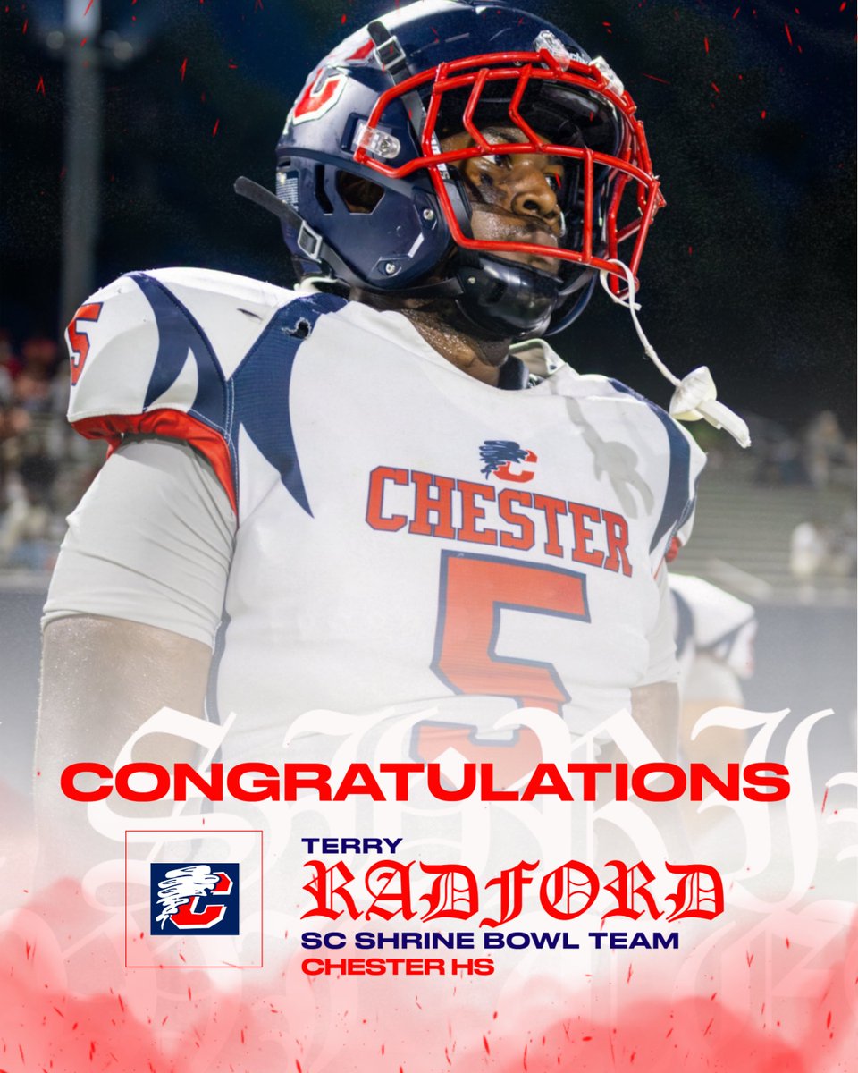 🚨 BIG NEWS from Cyclone Nation! 🔴🔵
Senior DL Terry Radford has been named to the 2025 SC Shrine Bowl Team! 🏈🔥One of the top defenders in the state — now repping Chester on the biggest stage! <a href="/CoachCaldwell27/">Coach Caldwell</a> <a href="/CoachVfloyd/">Victor Floyd</a> <a href="/CNR_Sports/">News & Reporter</a> 
Let’s go, Terry! 🙌#ShrineBowl2025