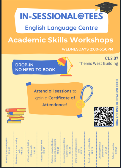 Join our new series of academic skills workshops for international students starting from 1st October 2025 at 2.00 pm in CL2.07. Just drop in, no need to book! <a href="/teesideuni/">Teeside Uni</a> 
<a href="/TUSSSHL/">TU SSSHL</a> 
<a href="/TeesUniSHLS/">@TeesUniSHLS</a> 
<a href="/TeesUniSCEDT/">TU SCEDT</a> 
<a href="/TeesStudentLife/">Teesside University Student Life</a> 
<a href="/teessidesu/">Teesside University Students’ Union (TUSU)</a>