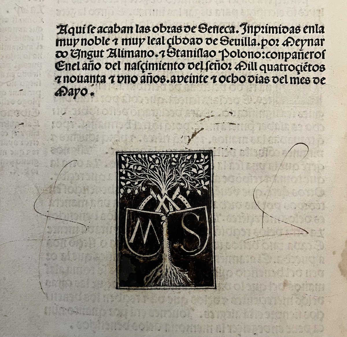 DeliriumBooks's tweet image. Marca de los impresores Ungut y Polono en el colofón de la primera edición de las obras de #Seneca en español. 

Edición #Incunable: Sevilla, 1491.