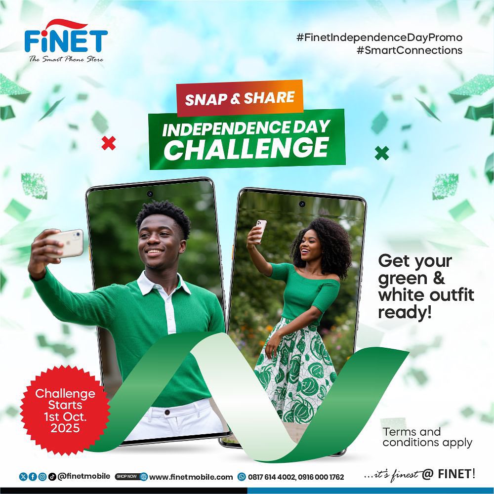 FinetMobile's tweet photo. Show your Naija pride in green & white! 🇳🇬
Snap, share, and stand a chance to WIN big in our Independence Day Challenge.
Starts on the 1st of October 2025– are you ready?
📲 0916 000 1762
🌐 https://t.co/gRK7PbyhPa
#FinetIndependenceDayPromo #SmartConnections #Naijaat65 https://t.co/GKSTHAXtkK