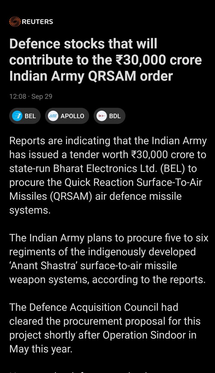tejas485585's tweet image. 🇮🇳💥 Indian Army fires off ₹30,000 Cr QRSAM order to BEL, fueling defence buzz across Paras, Data Patterns, Solar Industries, and MTAR 🚀🔧 #BEL #QRSAM #DefenceStocks #MakeInIndia #AnantShastra #OperationSindoora #MilitarySpend #StockSurge
#StockMarketIndia