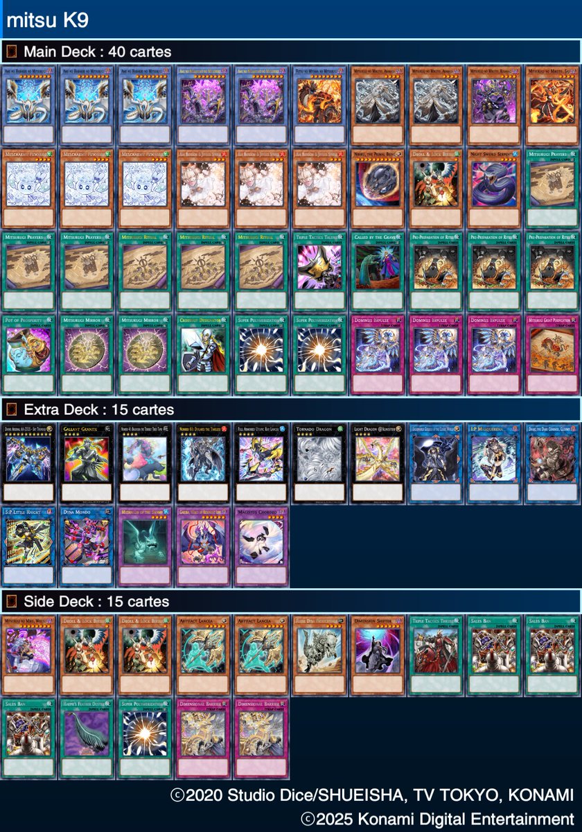 Salut ça farte 👏🏾

Voici ma dl mitsu pur qui m'a permis de top 32 au ycs lille

J'ai test ENORMEMENT de variante mais rien d'assez concluant qui ce contredit pas avec impulse.✊🏾

Les explications détaillé seront dans la profile qui sortira soon.💥