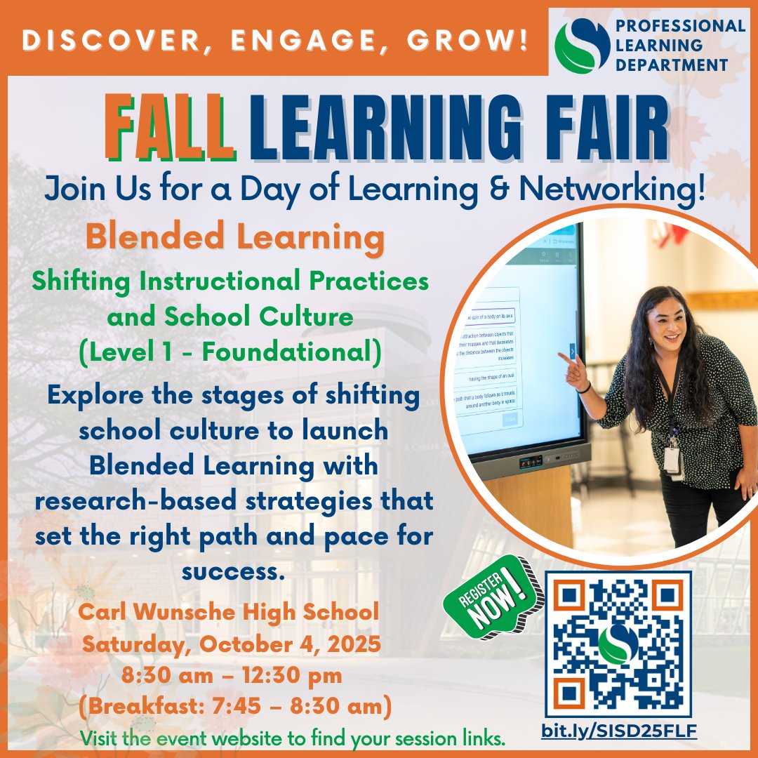 SISD_TheForce's tweet image. 📚 Blended Learning starts with culture!
Join us at the Fall Learning Fair to explore research-based strategies that help shift instructional practices &amp;amp; school culture for lasting success. 🌟
📅 Sat, Oct 4 | Carl Wunsche HS
👉 bit.ly/SISD25FLF