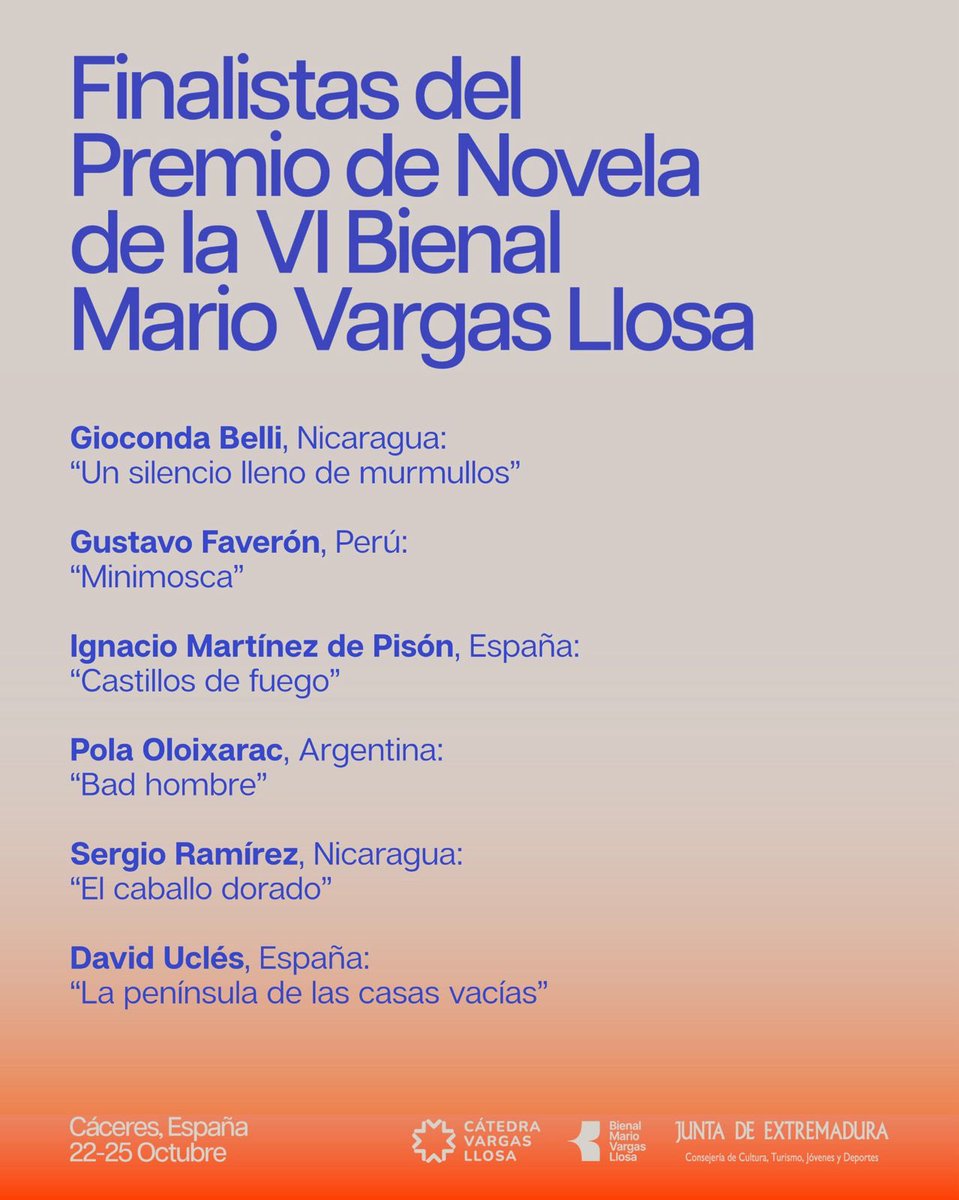 Cultura, Turismo, Jóvenes y Deportes (@cultura_ext) on Twitter photo La <a href="/CVargasLlosa/">Cátedra Vargas Llosa</a> anuncia los seis finalistas de su Premio de Novela, una de las distinciones más relevantes de la literatura en español.
La programación de la VI edición de la bienal se presentará el sábado en <a href="/GranTeatro_Cc/">Gran Teatro Cáceres</a> con Álvaro Vargas Llosa.
🔗 juntaex.es/w/la-catedra-m… La <a href="/CVargasLlosa/">Cátedra Vargas Llosa</a> anuncia los seis finalistas de su Premio de Novela, una de las distinciones más relevantes de la literatura en español.
La programación de la VI edición de la bienal se presentará el sábado en <a href="/GranTeatro_Cc/">Gran Teatro Cáceres</a> con Álvaro Vargas Llosa.
🔗 juntaex.es/w/la-catedra-m…