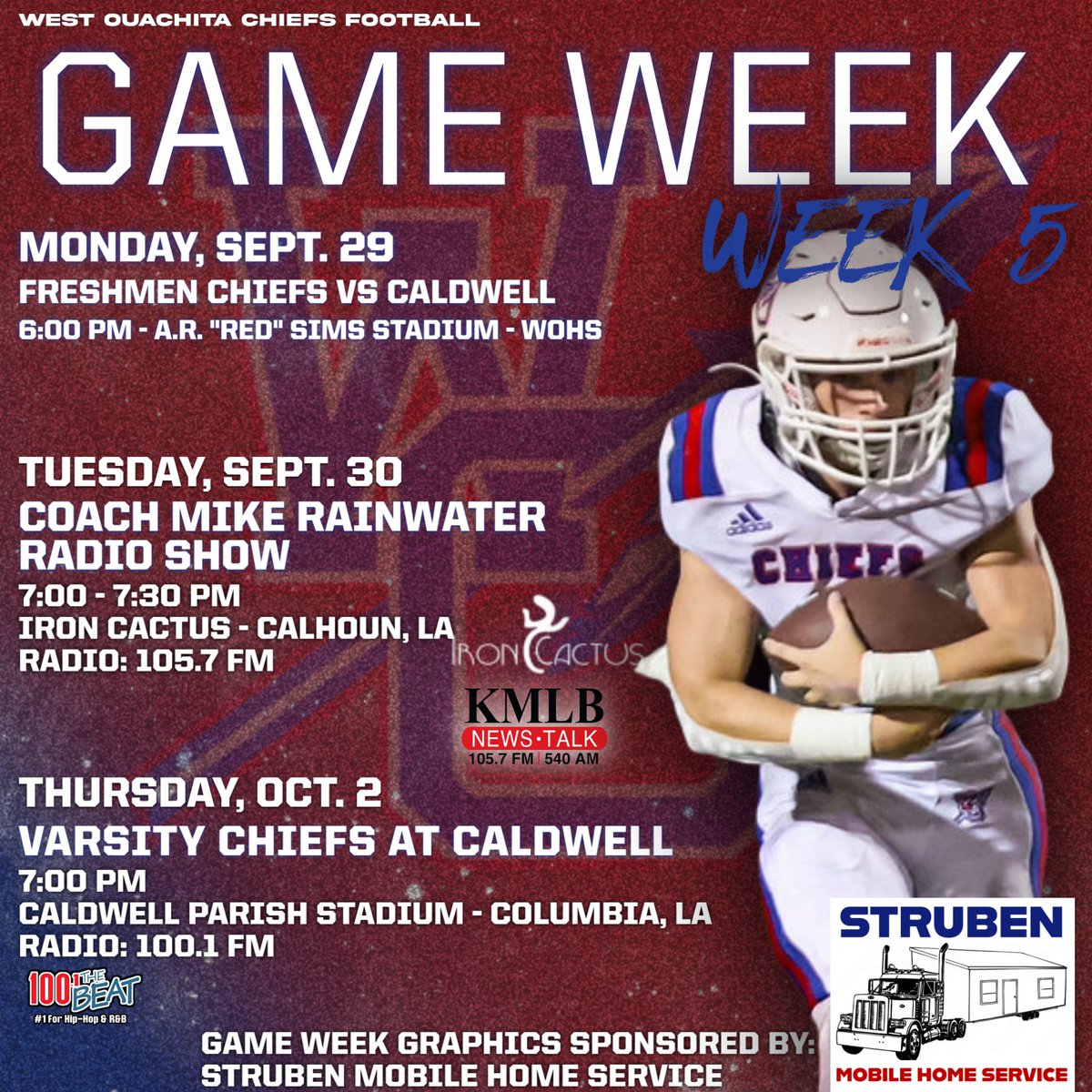 Here's your Week 5 schedule brought to you by Struben Mobile Home Service. It's Caldwell week as our freshman and varsity teams square off against the Spartans this week. 
- Please note that the JV game this week was canceled, and the Varsity game is on Thursday Night!