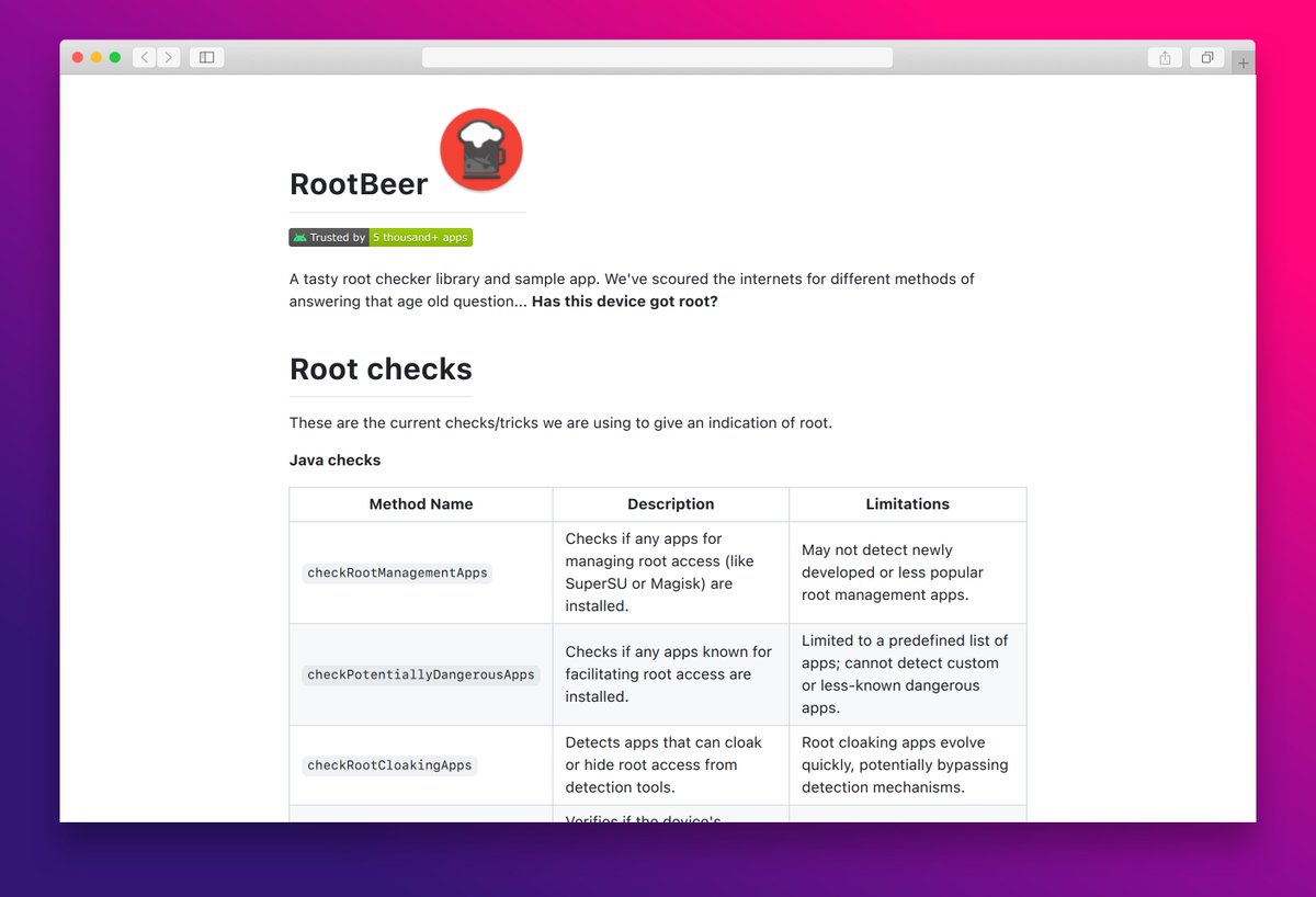essamamdani's tweet image. rootbeer
Android library to check if a device is rooted using multiple detection methods.
#android #rootdetection #security #opensource