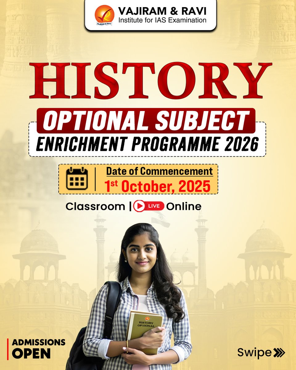 VajiramRavi's tweet photo. 📜 Master History Optional for UPSC 2026!
Join Vajiram & Ravi’s History Optional Enrichment Programme and level up your preparation
To know more: https://t.co/hoajMTKh8K
#HistoryOptional #UPSCMains2026 #UPSCOptionalSubjects #UPSCPreparation #AnswerWritingPractice #UPSCStrategy https://t.co/gRU1g4BbQw