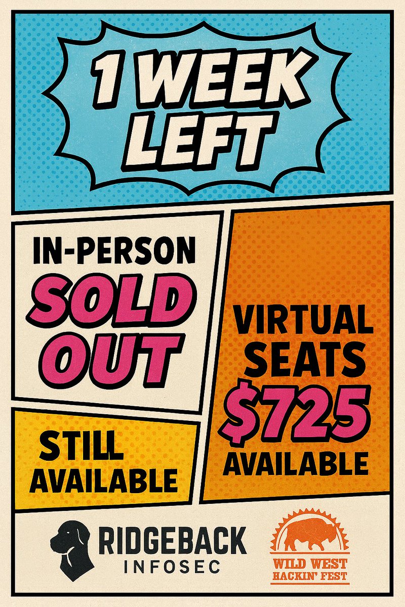 Chris Traynor (@cstraynor) on Twitter photo ⏳ 1 Week Left!
I’ll be teaching Offensive Tooling for Operators at <a href="/WWHackinFest/">Wild West Hackin' Fest</a> Deadwood.
In-person is SOLD OUT — but Virtual Seats ($725) are still available and include full conference access.
🔗 ridgebackinfosec.com/events/#wwhf-d… ⏳ 1 Week Left!
I’ll be teaching Offensive Tooling for Operators at <a href="/WWHackinFest/">Wild West Hackin' Fest</a> Deadwood.
In-person is SOLD OUT — but Virtual Seats ($725) are still available and include full conference access.
🔗 ridgebackinfosec.com/events/#wwhf-d…