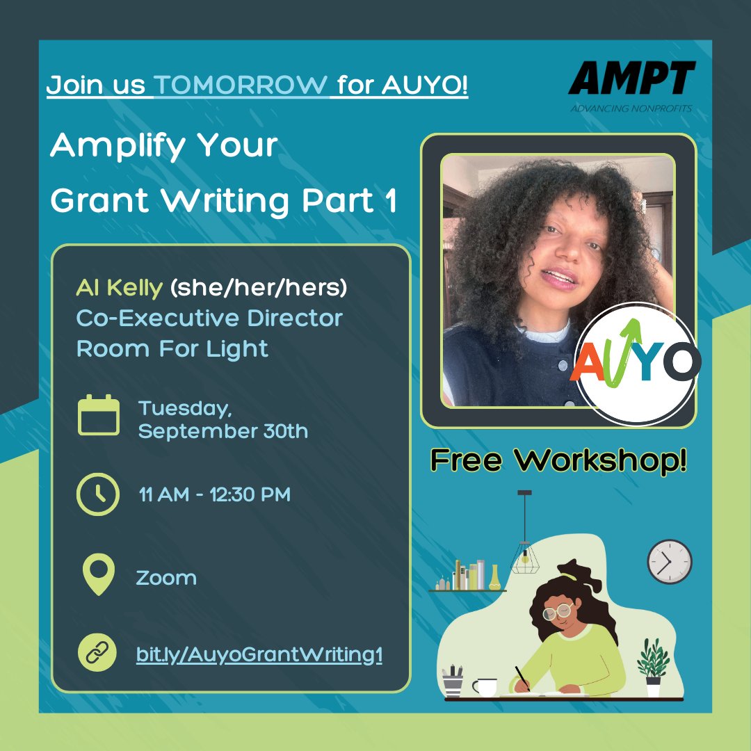 Don't forget to join us tomorrow for AUYO!
Register now for Part 1 at bit.ly/AuyoGrantWriti…

You can also register for Part 2 on October 7th at bit.ly/AuyoGrantWriti…

#AUYO #GrantWriting #FreeWorkshop #Nonprofit #CapacityBuilding #BlackNonprofit #LatineNonprofit