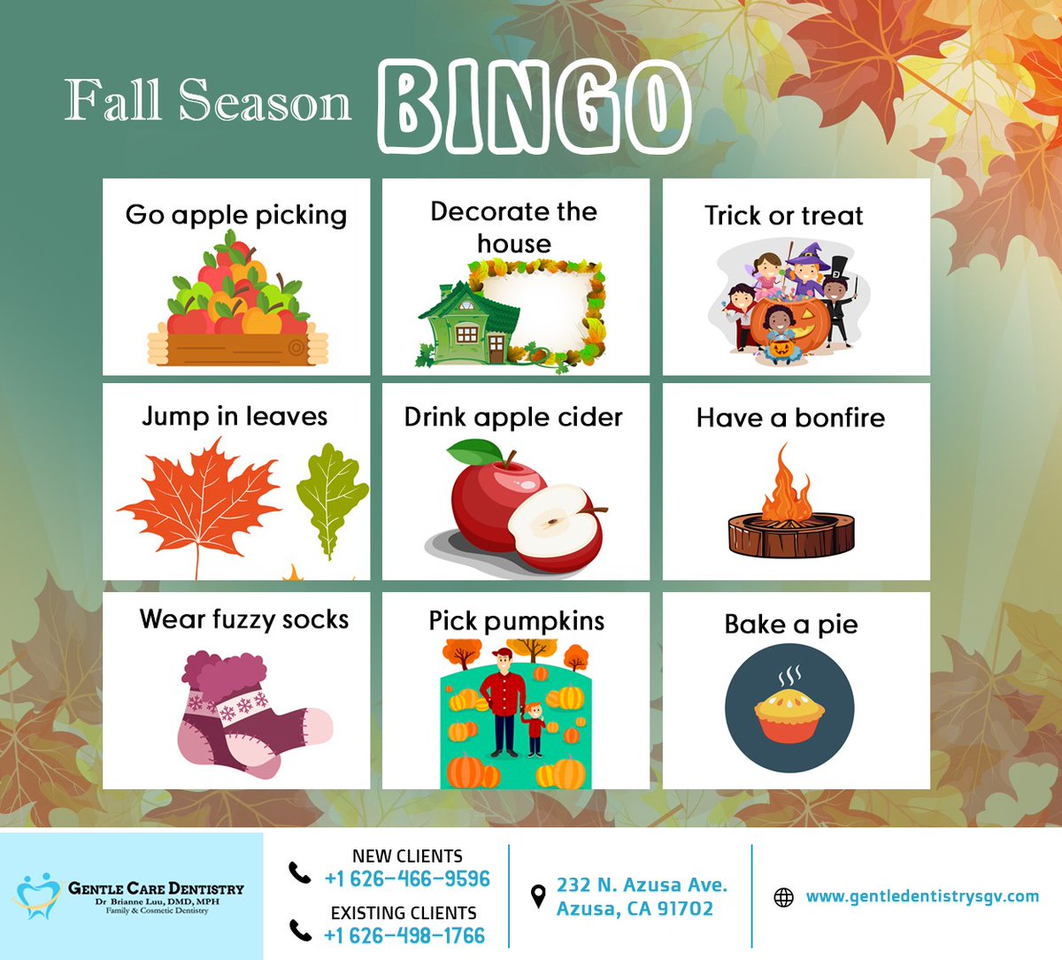 DentalCareSGV's tweet photo. Have you enjoyed pumpkin spice lattes and all things nice this fall? Don't be shy; let us know which of these fall activities is your favorite in the comments below. #fallbingo #pumpkinspice #trickortreat #bonfire #azusa #CA #gentlecaredentistry https://t.co/B3MGoSB2Df
