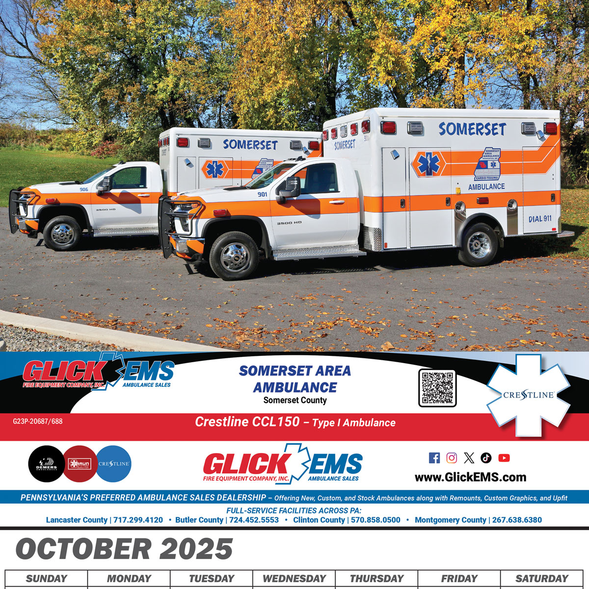 glickfire's tweet image. October's Ambulance of the Month in the GLICK EMS 2025 calendar comes from Somerset Area Ambulance Association in Somerset County, PA. Ambulance 901 &amp;amp; 906 are @CrestlineCoach CCL150's on a Chevy 3500HD gas chassis. 
For more information, visit: glickfire.com/appa.../somers…