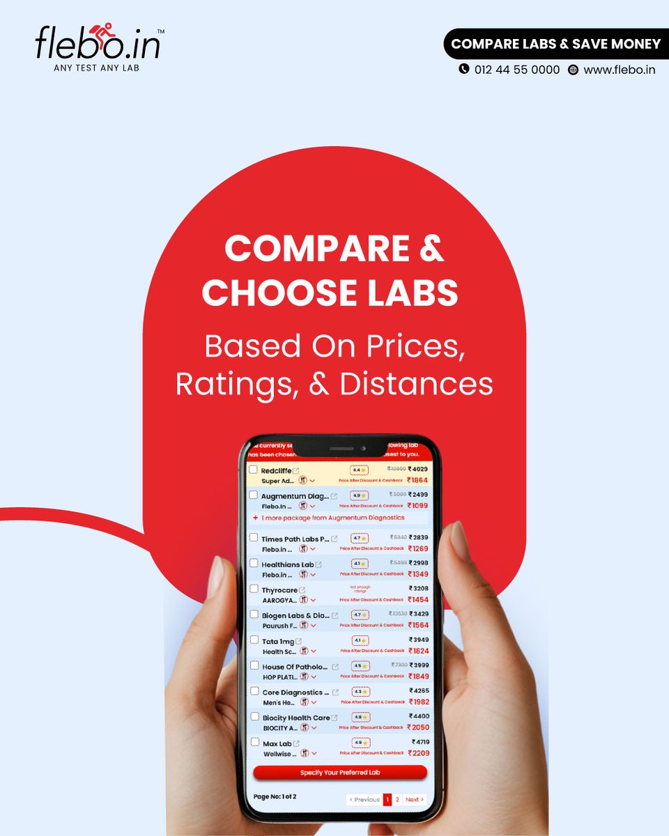 Compare options based on price, ratings, and distance and book the lab that best matches your healthcare needs.🏥🩸

Visit flebo.in or call 012 44 55 0000 ☎️

Share this post &amp; earn cash up to ₹5000* 💸🤑
*T&amp;Cs Apply

#Flebo #ourbloodrelations #anytestanylab #labs
