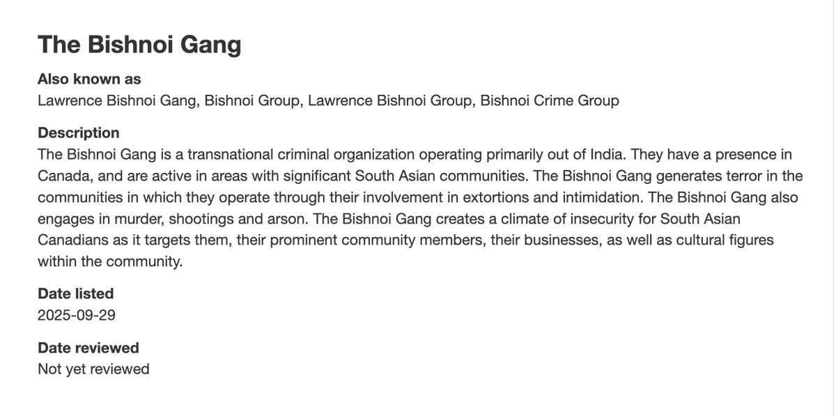 Today, the Carney government listed the Bishnoi gang as a terrorist group, but somehow failed to mention the only thing that distinguishes them from run-of-the mill criminals: that the Indian state uses them to conduct violence in Canada. publicsafety.gc.ca/cnt/ntnl-scrt/…