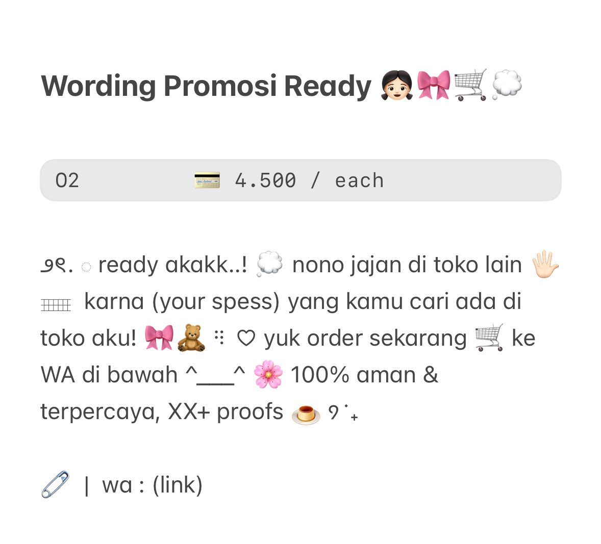 kyeomieyo's tweet image. ₊˚ help repost please? thanks! ♡

◌.˚ 👧🏻🎀 aurora kembali restoco 4 wording promosi ready stock for BA! 🧁 (adjustable — for all spess) 🖐🏻 —— 4.5OO / each saja. . 👛 yuk bungkus sekarang menuju dm ^___^ 🍮💬 ˚⊹

#zonauang rs
