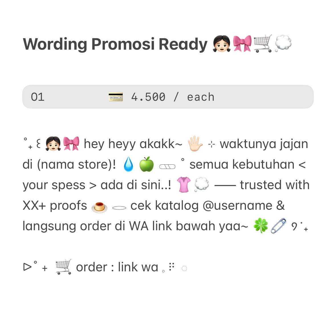 kyeomieyo's tweet image. ₊˚ help repost please? thanks! ♡

◌.˚ 👧🏻🎀 aurora kembali restoco 4 wording promosi ready stock for BA! 🧁 (adjustable — for all spess) 🖐🏻 —— 4.5OO / each saja. . 👛 yuk bungkus sekarang menuju dm ^___^ 🍮💬 ˚⊹

#zonauang rs