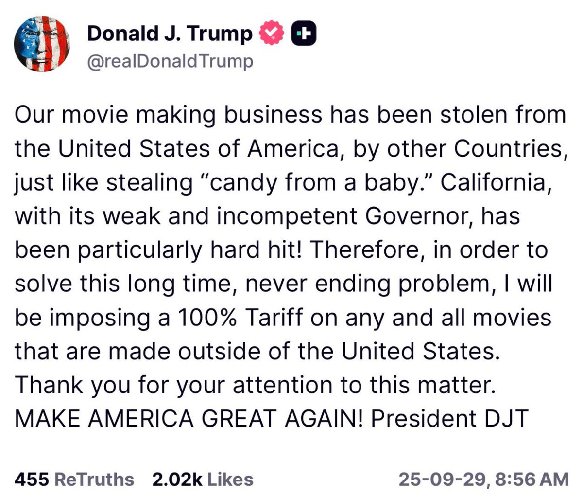 Tablesalt13's tweet photo. 🚨BREAKING

TRUMP NUKES CANADA'S MOVIE INDUSTRY WITH 100% TARIFFS

this is a $10 billion per year industry in Canada with almost 200,000 jobs! https://t.co/J0Np84iBCm