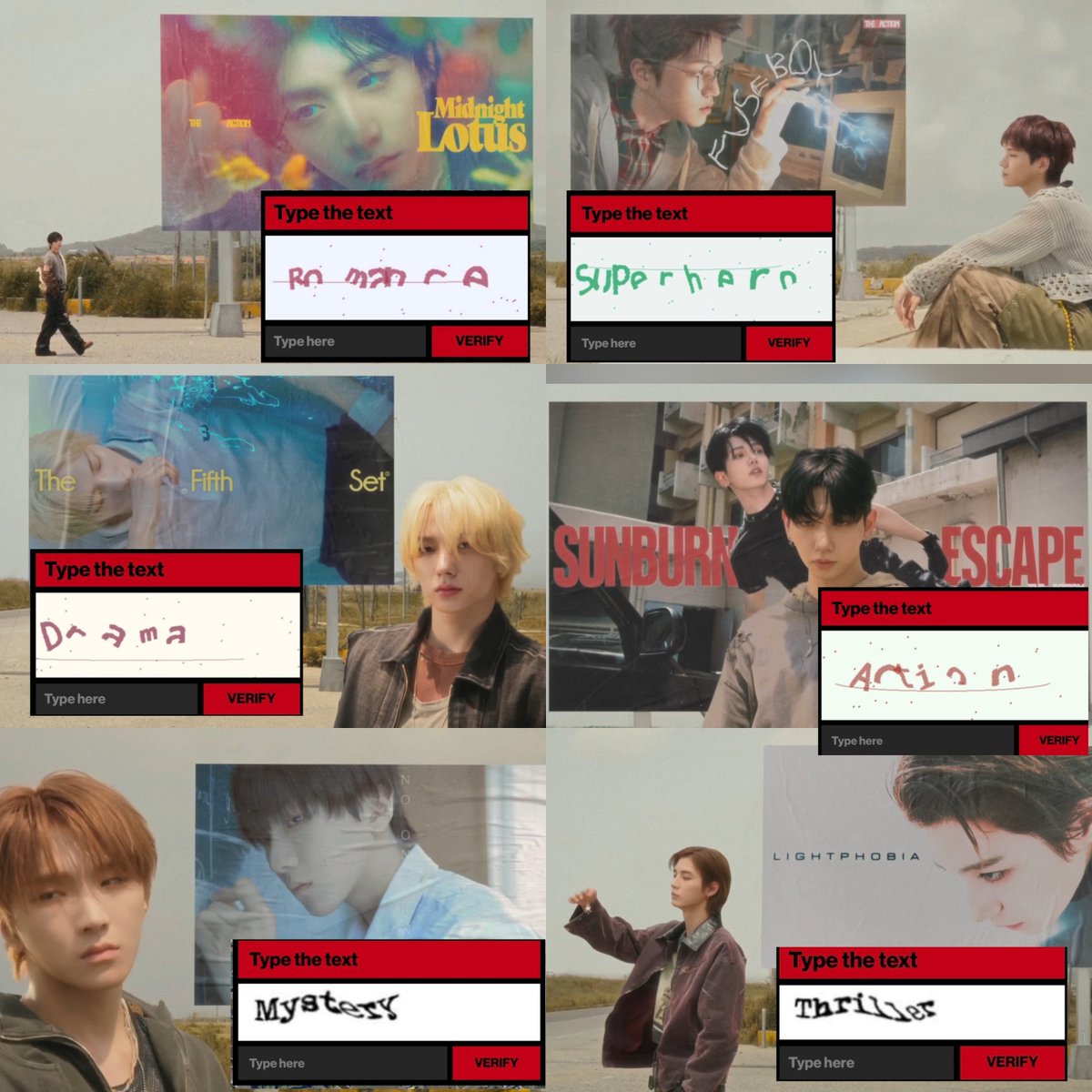 guys what if...

taesan - midnight lotus (ROMANCE)
riwoo - fuse boy (SUPERHERO)
sungho - the fifth set (DRAMA)
jaehyun - sunburn escape (ACTION)
woonhak - no one knows (MYSTERY)
leehan - lightphobia (THRILLER)