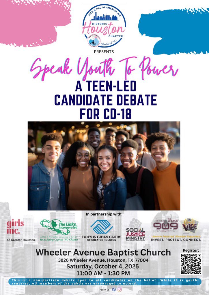 WABC_SJM's tweet photo. The mic is in YOUR hands.
Youth are speaking. Leaders are listening.

Don’t miss the Speak Youth To Power. A teen led candidate debate for CD 18, hosted by the Historic Houston Chapter of Jack &amp; Jill of America, Inc.
#speakyouthtopower https://t.co/jJxf5N1dW0