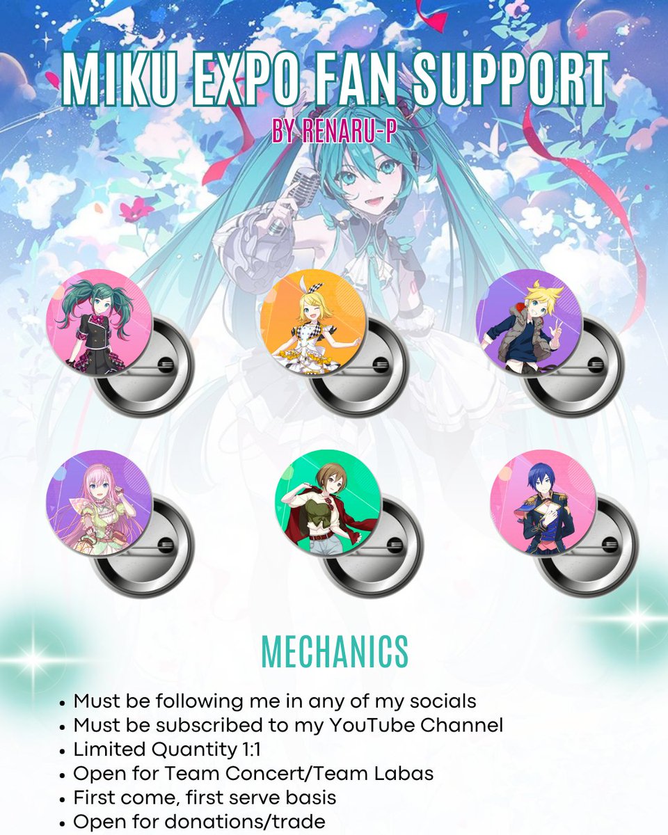 OhSnapItsAllen's tweet image. MIKU EXPO IN MANILA 2025 FAN SUPPORT

I'm thrilled to announce that I'm gonna be giving away Cryptonloid button pins on Miku Expo. Images are cards from the Project Sekai/Hatsune Miku: Colorful Stage game.

Mechanics are on the image. #MIKUEXPO2025 #MikuExpoManila