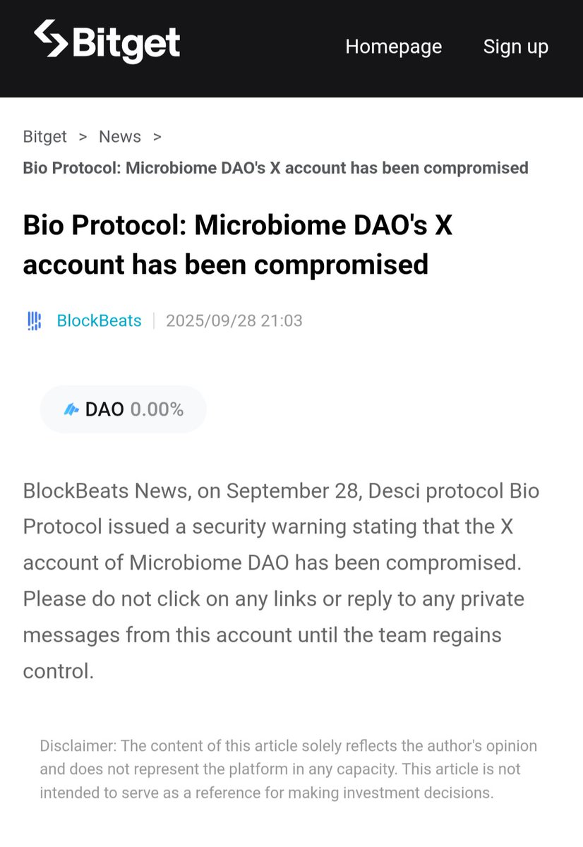 Grateful to @Bitget for covering our X account security update and helping keep the crypto community informed. 

Your support helps us ensure safety and transparency as we work to resolve the situation. 

Thanks <a href="/BioProtocol/">Bio Protocol</a> for your prompt support.

bitget.com/amp/news/detai…