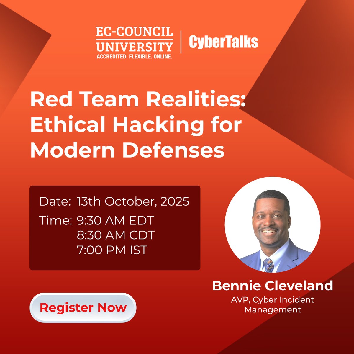 EC_Council_Univ's tweet image. Think like a hacker to defend like a pro!

Join the webinar: Red Team Realities – Ethical Hacking for Modern Defenses led by Bennie Cleveland.

Register here:  attendee.gotowebinar.com/register/86408…

#ECCU #Webinar #CyberSecurity #EthicalHacking #RedTeam