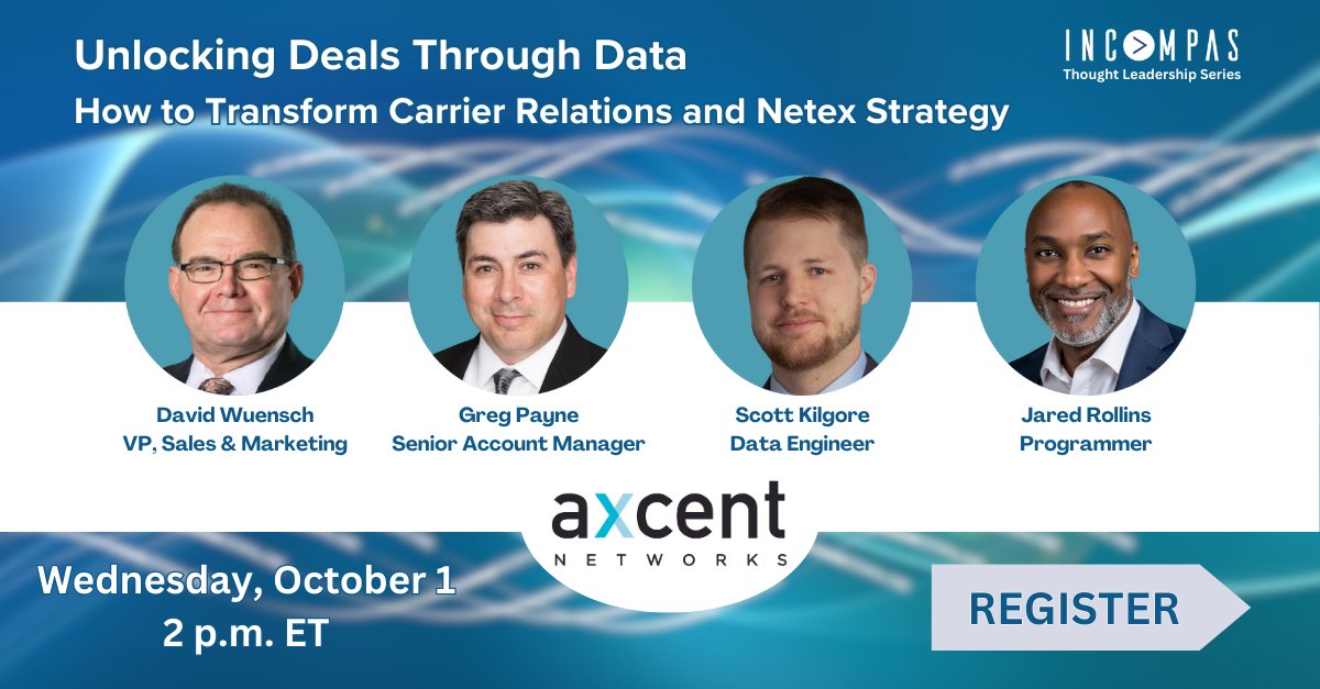 INCOMPAS's tweet image. 🗓️ Mark your calendars! Join @INCOMPAS and @AxcentNetworks this Wednesday, October 1st at 2 p.m. ET. for Unlocking Deals Through Data: How to Transform Carrier Relations and Netex Strategy!
Register Now: us02web.zoom.us/webinar/regist…