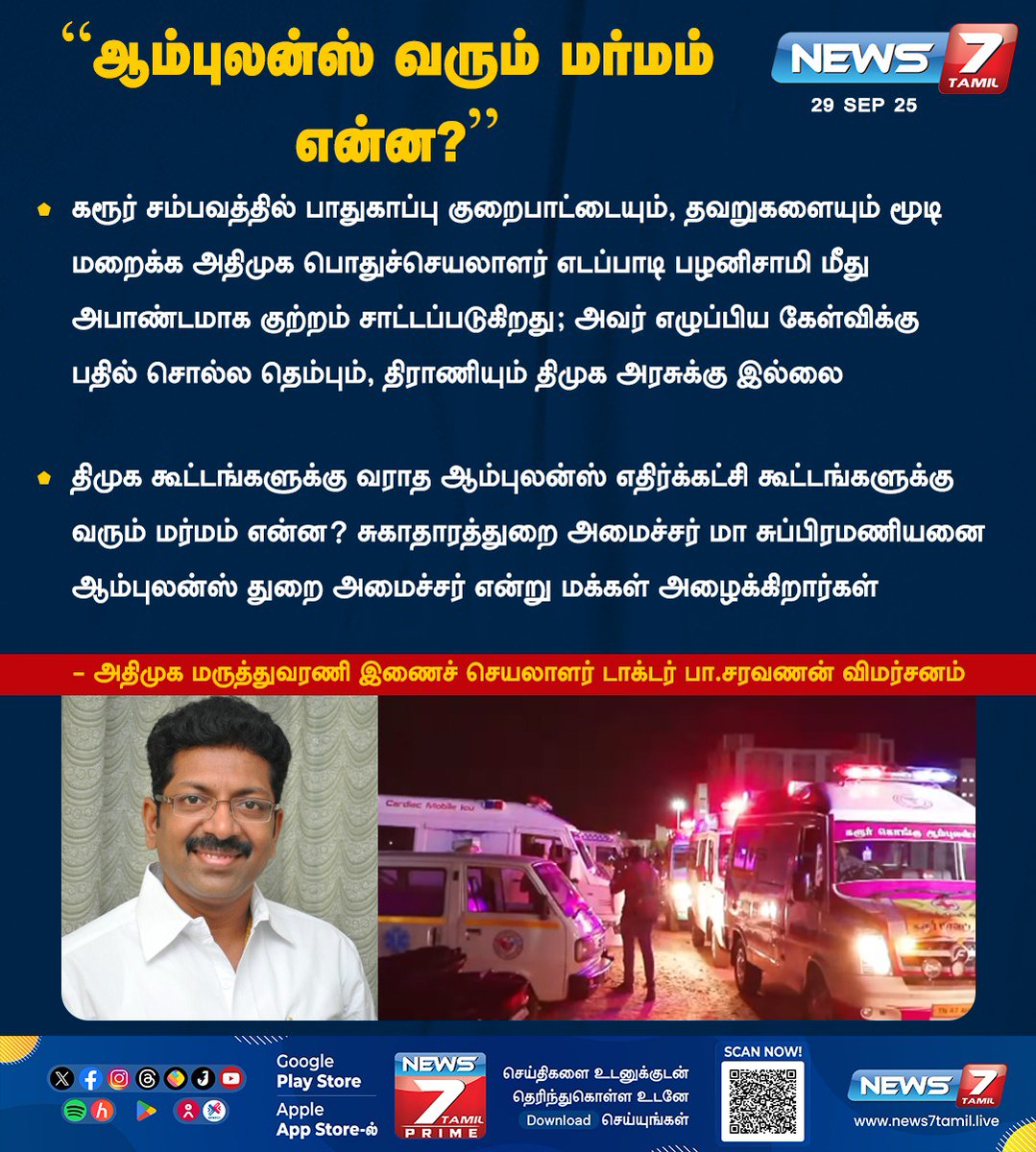 DrPSaravananMD's tweet image. திமுக கூட்டங்களுக்கு வராத ஆம்புலன்ஸ் எதிர்க்கட்சி கூட்டங்களுக்கு வரும் மர்மம் என்ன? 

கரூரில் நடைபெற்ற துயர சம்பவத்தில் 41க்கும் மேற்பட்டோர் பலியானது இந்தியாவையே உலுக்கி உள்ளது. இன்றைக்கு சட்டமன்ற எதிர்க்கட்சித் தலைவர், வருங்கால முதலமைச்சர் மாண்புமிகு #எடப்பாடியார் அவர்கள்…