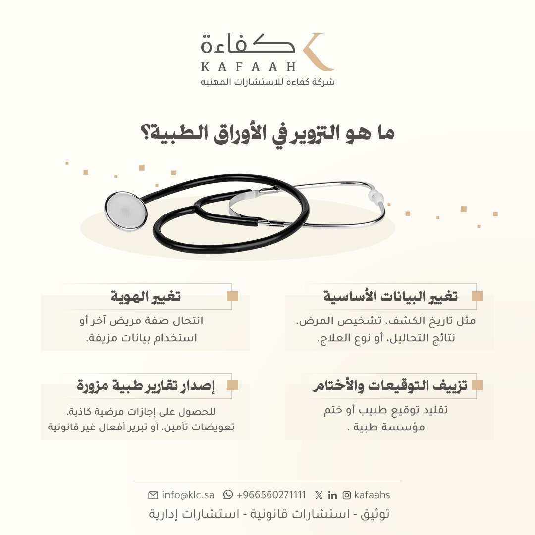 kafaahsa's tweet photo. التزوير في الأوراق الطبية جريمة خطيرة تُعرّض مرتكبها لعقوبات جنائية (سجن وغرامات)، ومدنية (تعويضات)، وتأديبية (فصل من العمل وسحب التراخيص). أضرارها تمس الأفراد والقطاع الصحي ككل.

#التزوير_الطبي #مسؤولية_قانونية #احتيال_طبي #القطاع_الصحي #مكافحة_الفساد https://t.co/NFuS9rlH0B