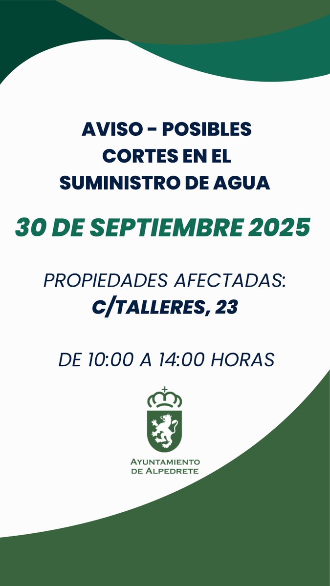🚧Cortes en el suministro de agua por obras 🚰

📆El 30 de septiembre del 2025 se podrían producir cortes en la red de distribución por obras de mantenimiento. El objetivo de la intervención es mejorar la calidad del servicio. 

🕛Los trabajos se producirán entre las 10:00 y las