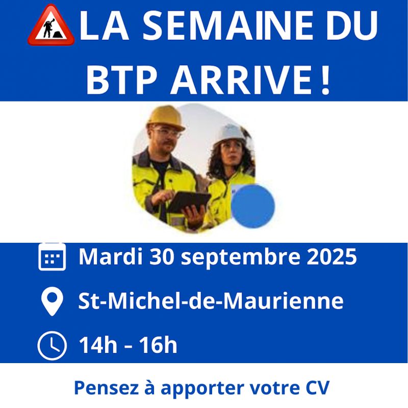 [#TousMobilisés] pour l'#emploi dans le secteur du #BTP 

La semaine du BTP approche. 
L'équipe <a href="/FTravail_ARA/">France Travail Auvergne-Rhône-Alpes</a> #Savoie #MELT vous invite à rencontrer les recruteurs du chantier #LyonTurin demain en #Maurienne
mesevenementsemploi.francetravail.fr/mes-evenements… 
🚇découverte #métiers
🚇#jobdating
🚇#formation