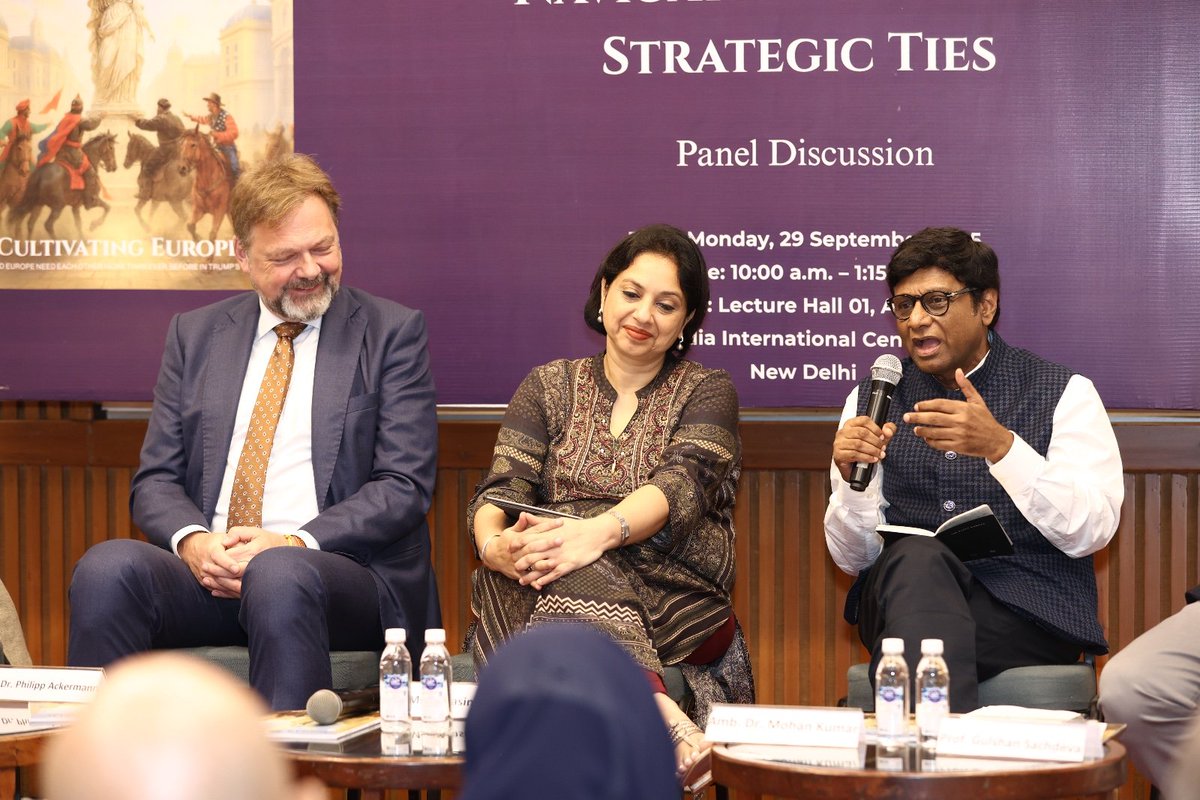 The panel, chaired by Prof. <a href="/MohanCRaja/">C. Raja Mohan</a> with <a href="/AmbAckermann/">Dr Philipp Ackermann</a>, <a href="/AmbMoKumar/">Dr Mohan Kumar</a>, <a href="/suhasinih/">Suhasini Haidar</a>, and Prof. <a href="/gsachdevajnu/">Gulshan Sachdeva</a> brought sharp insights into the evolving India–EU relationship.

The panel discussion focused on trade and technology partnership; India’s relationship with Russia;