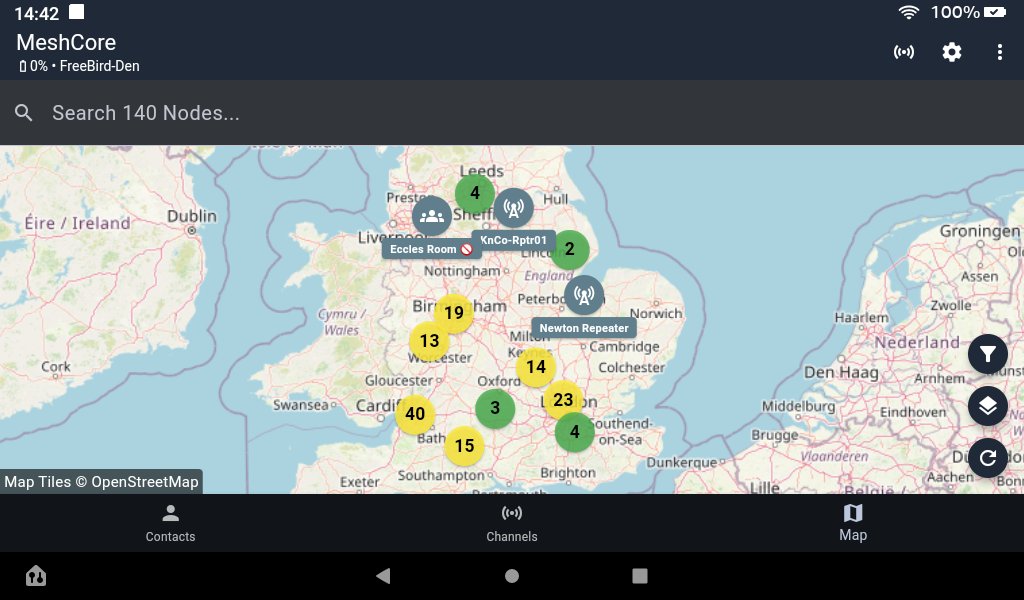 Gary104DX's tweet photo. MeshCore off-grid messaging really coming alive, especially after the switch to narrow 62.5 bandwidth. Some nodes on the map appeared during a lift, but we do have great comms 24/7 around S.W and up to the Midlands now! https://t.co/67NlgPV2WI