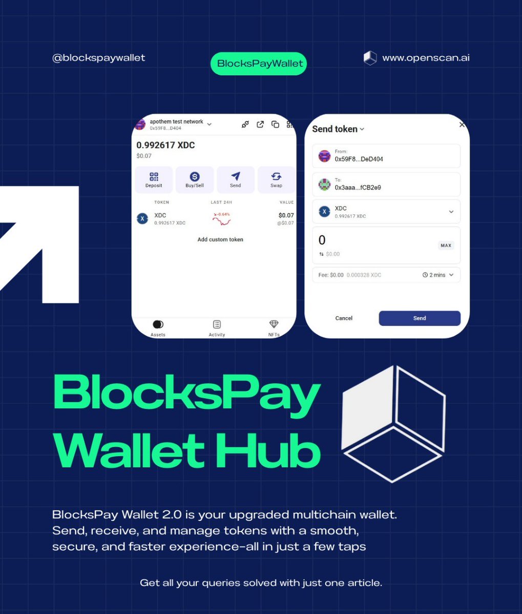blockspaywallet's tweet image. 🔥 Unlock the full power of BlocksPay Wallet 2.0 in ONE article!
From setup ➝ sending tokens ➝ adding custom networks 🌐

Your complete guide to true multi-chain freedom.
📖Dive in 👉 xdc.dev/openscan/block…

#BlocksPay #Web3 #CryptoWallet #multichain #XDC #Ethereum