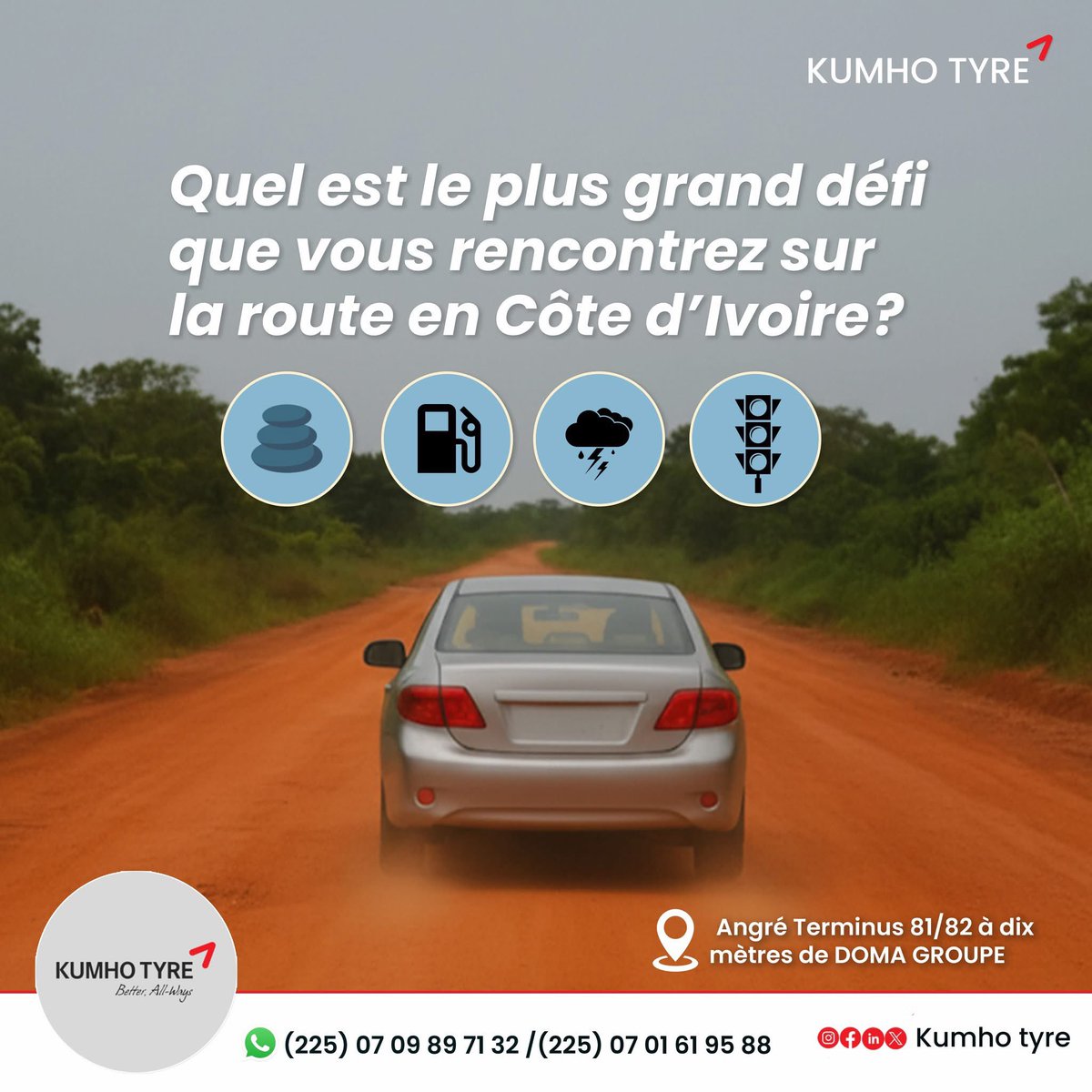 ci_carbon's tweet photo. 🚗✨ Sur les routes de Côte d’Ivoire, chaque conducteur fait face à 
ses propres défis : état de la route, carburant, météo, circulation… et vous, quel est le vôtre ? Partagez votre expérience avec Kumho Tyre, votre partenaire pour une conduite plus sûre et plus sereine. https://t.co/mYR9GQazMt