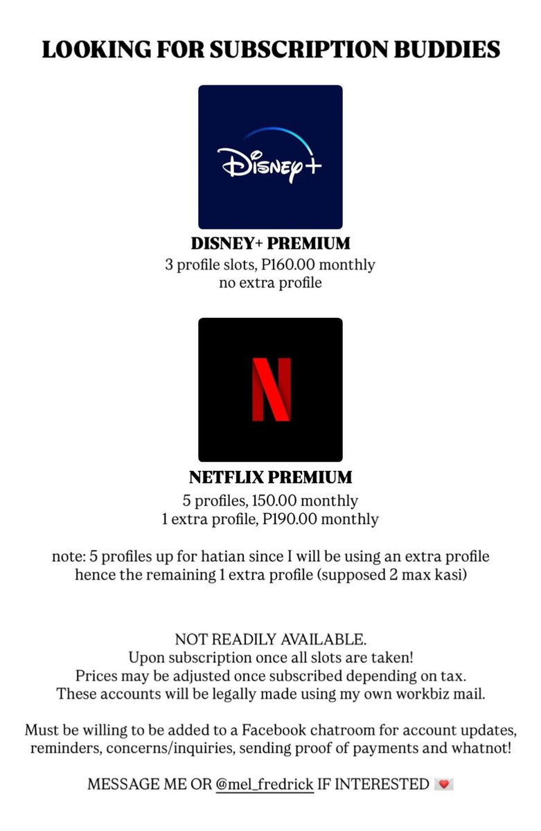 jjunimimihaul's tweet photo. 🔎 — • lf looking for kahati ph

NETFLIX PREMIUM
- 5 profiles, 150 monthly
- 1 extra member slot, 180monthly

DISNEY+ PREMIUM
- 3 profiles, 160 monthly

Hatian niyo na me pls HAHAHAHA 🥹💖

++ https://t.co/6MB0dLnxUZ