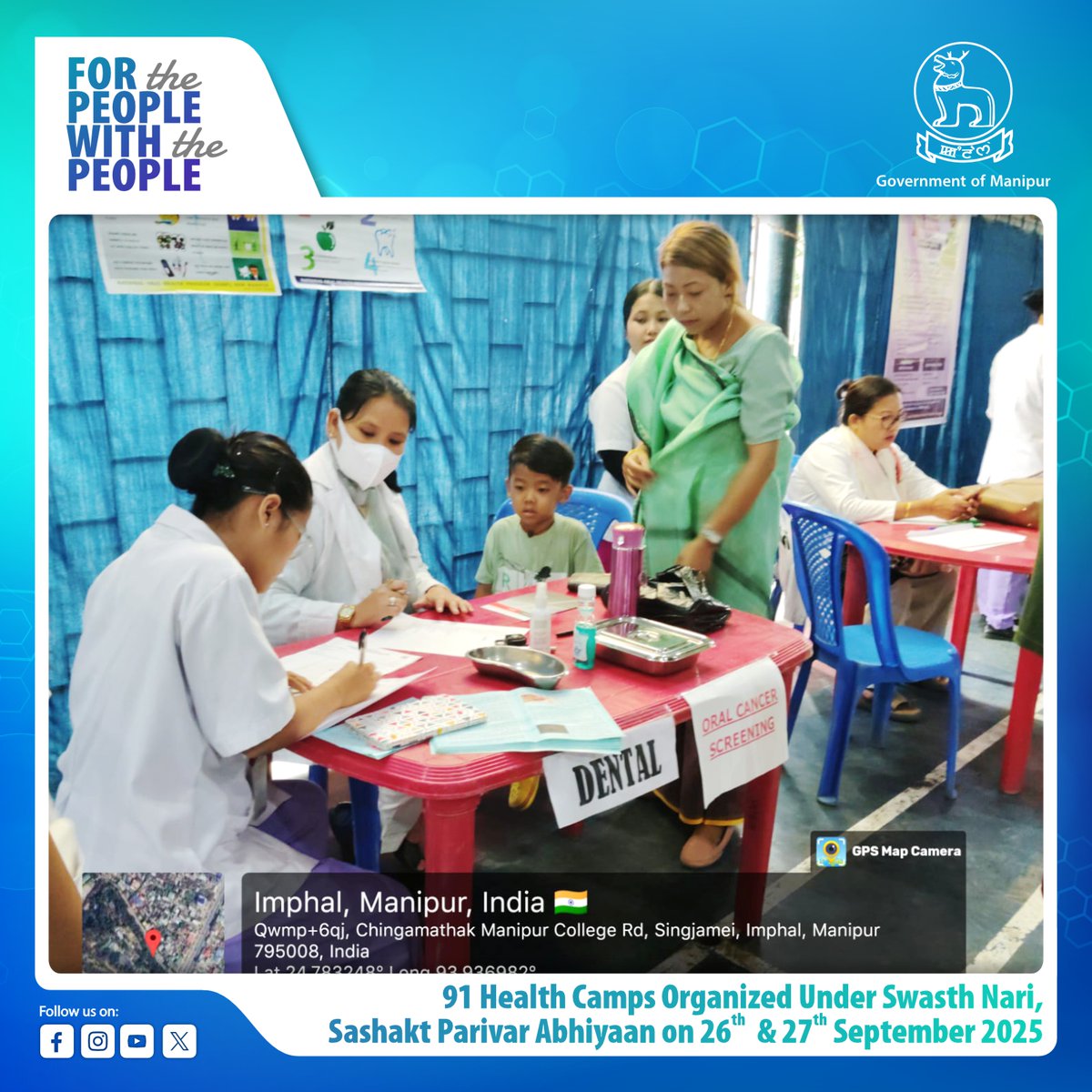 govt_of_manipur's tweet photo. On 26th and 27th September 2025, a total of 91 health camps were conducted across Manipur at DHs, CHCs, PHC AAM, PHSC AAMs, UAAM, UPHCs and AYUSH AAMs under the Swasth Nari, Sashakt Parivar Abhiyaan.

11627 participants benefitted from 91 health camps, receiving essential health check-ups, immunisation for children and pregnant women, counselling on menstrual hygiene, mental health, anaemia for adolescent girls & pregnant women, nutrition counselling, free blood testing, PMJAY card distribution, ABHA card registration, Nikshay Mitra enrolment, Blood donation drive and free distribution of medicine, IFA tab, sanitary napkins etc.

In total, 7 VIPs graced in the 91 health camps held statewide.

It is a step forward in building a healthier and empowered society especially for women
@dhsmanipur 
1/2
#GovernmentOfManipur #SwasthNariSashaktParivar #HealthForAll
