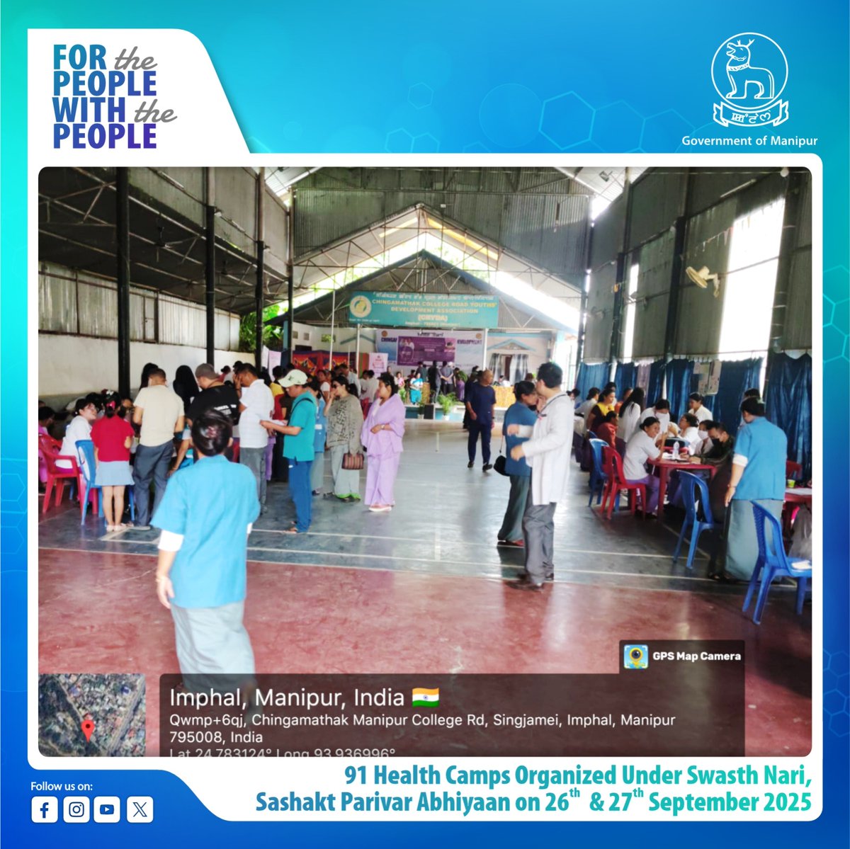 govt_of_manipur's tweet photo. On 26th and 27th September 2025, a total of 91 health camps were conducted across Manipur at DHs, CHCs, PHC AAM, PHSC AAMs, UAAM, UPHCs and AYUSH AAMs under the Swasth Nari, Sashakt Parivar Abhiyaan.

11627 participants benefitted from 91 health camps, receiving essential health check-ups, immunisation for children and pregnant women, counselling on menstrual hygiene, mental health, anaemia for adolescent girls & pregnant women, nutrition counselling, free blood testing, PMJAY card distribution, ABHA card registration, Nikshay Mitra enrolment, Blood donation drive and free distribution of medicine, IFA tab, sanitary napkins etc.

In total, 7 VIPs graced in the 91 health camps held statewide.

It is a step forward in building a healthier and empowered society especially for women
@dhsmanipur 
1/2
#GovernmentOfManipur #SwasthNariSashaktParivar #HealthForAll