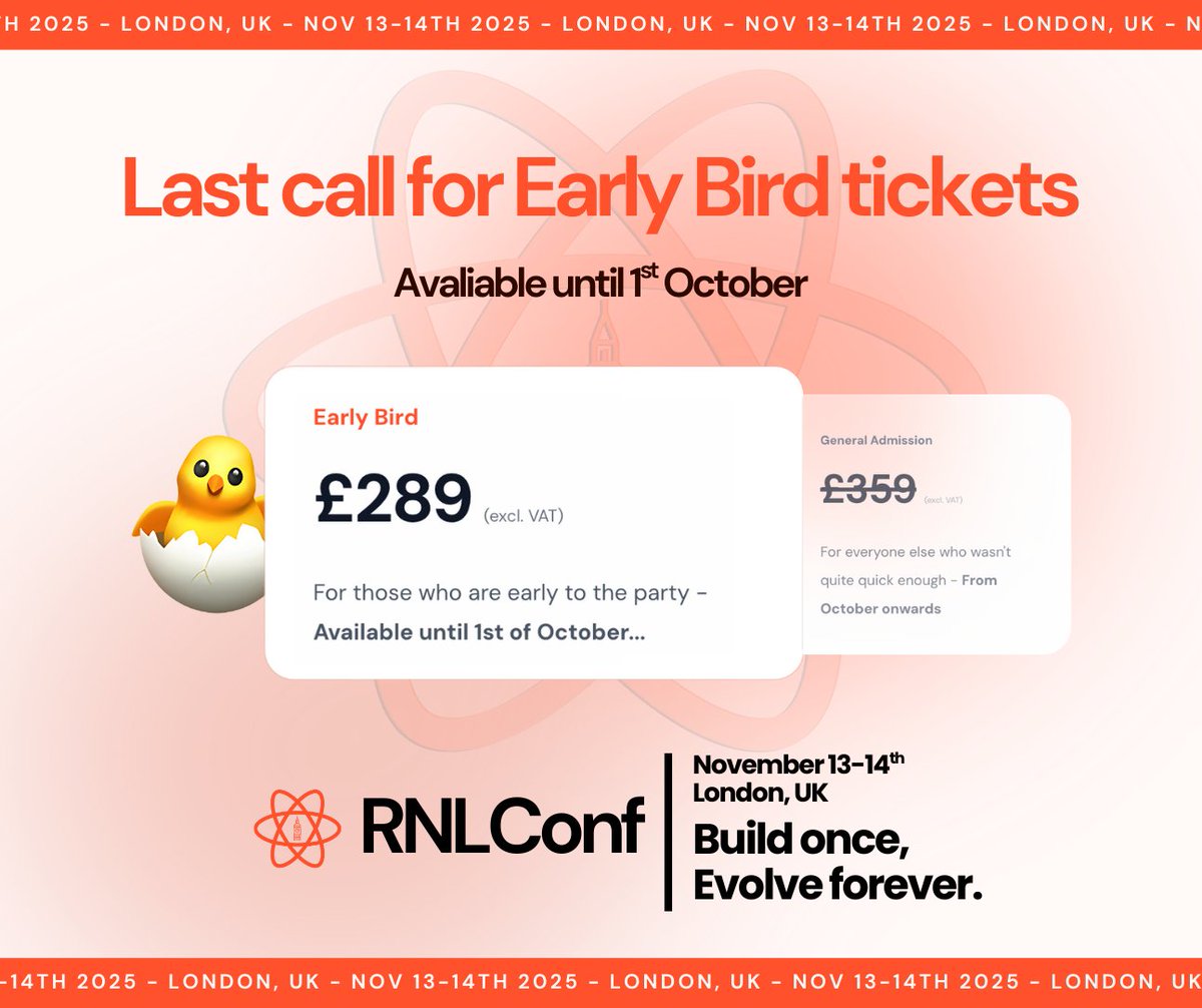 RNLConf's tweet image. 🚨 Don’t miss out! 🚨
Early Bird tickets are almost gone! Available only until October 1st!
Grab yours for £289 (excl. VAT) 💸
Save £70 and secure your spot today 👇
tickettailor.com/events/theodou…