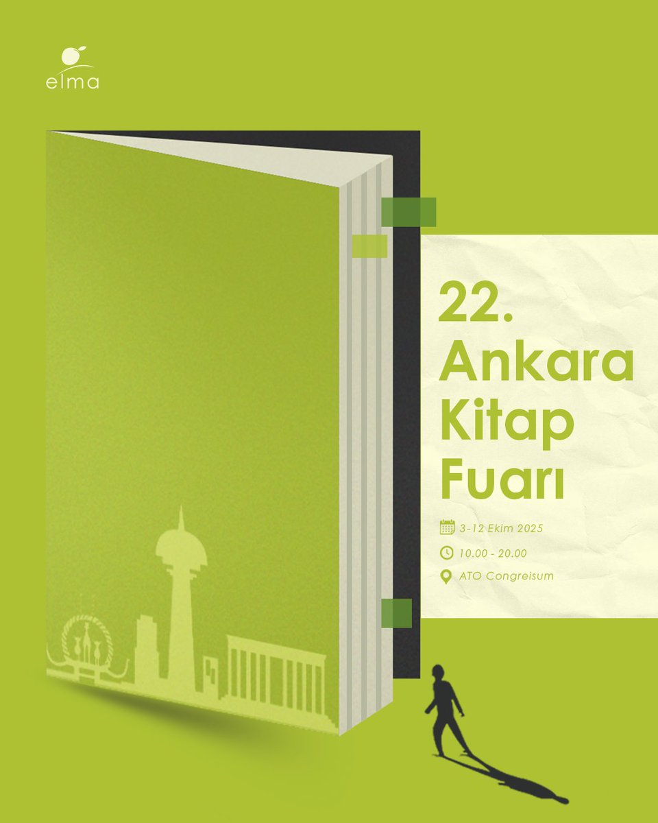 📚 22. Ankara Kitap Fuarı’nda buluşuyoruz.
Elma Yayınevi olarak, 3-12 Ekim 2025 tarihleri arasında ATO Congresium’da gerçekleşecek Ankara Kitap Fuarı’nda sizleri bekliyoruz.

📅 3-12 Ekim 2025
🕙 10.00 – 20.00
📍 ATO Congresium

Okur-yazar buluşmalarında görüşmek üzere! 🍏