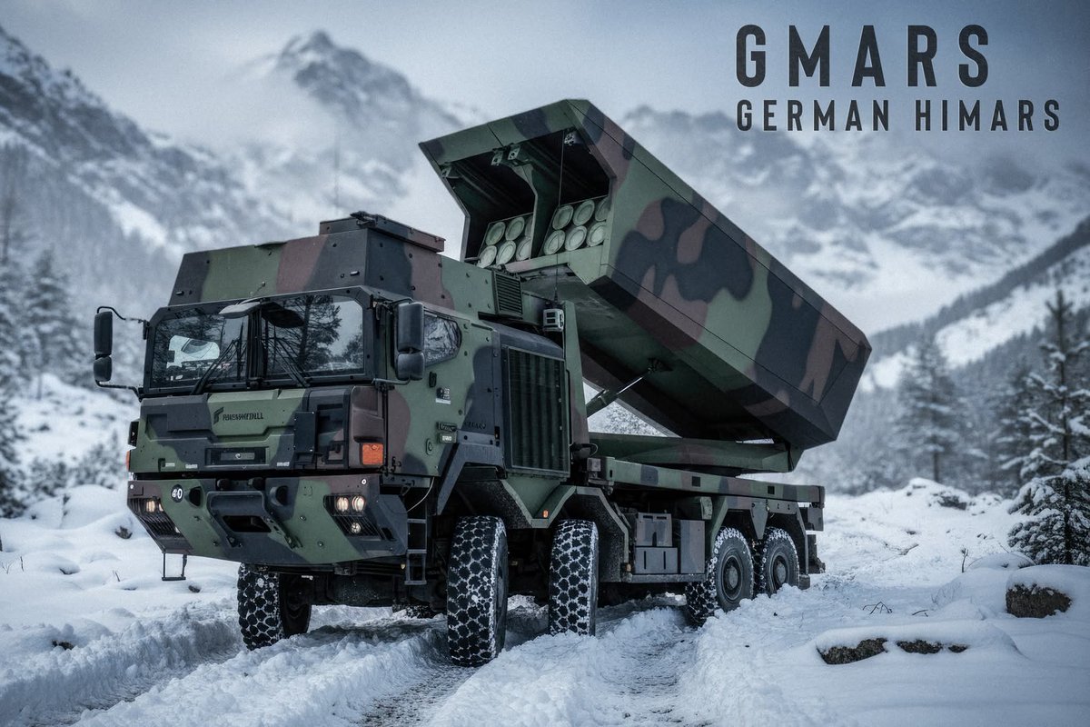 一辆军用卡车，底盘为 8x8，涂有迷彩，后部装有两个导弹吊舱。卡车位于常绿树木的白雪皑皑的山区。文字“GMARS GERMAN HIMARS”以白色覆盖在图像的上部。
