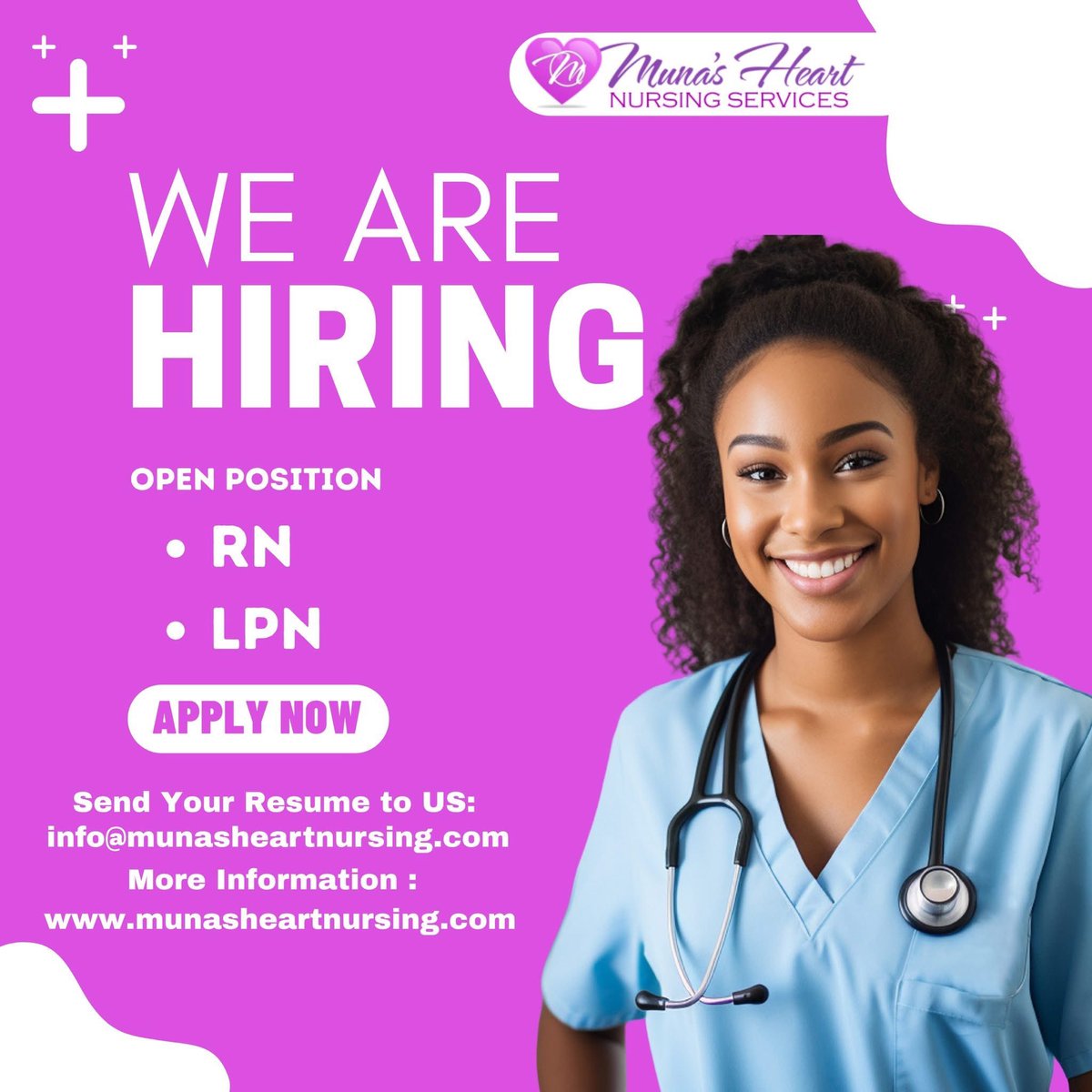 𝑾𝒆 𝒂𝒓𝒆 𝑯𝒊𝒓𝒊𝒏𝒈!
Muna’s Heart Nursing Services is looking for compassionate Registered Nurses (RN) and Licensed Practical Nurses (LPN) to join our growing team.

📩 𝗔𝗽𝗽𝗹𝘆 𝘁𝗼𝗱𝗮𝘆, 𝗦𝗲𝗻𝗱 𝘆𝗼𝘂𝗿 𝗥𝗲𝘀𝘂𝗺𝗲 𝘁𝗼: info@munasheartnursing.com