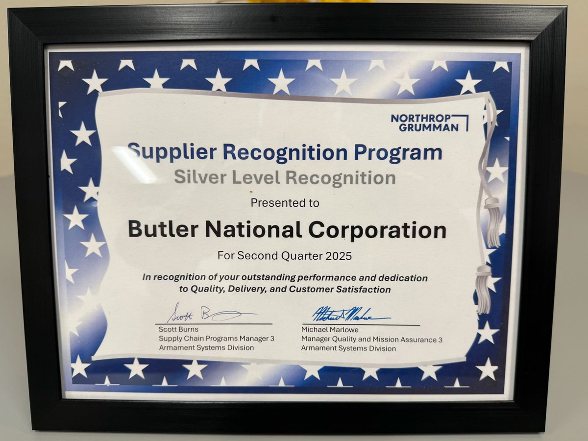 ButlerNational's tweet photo. We are proud to share that the BNC Tempe-Special Mission Electronics team has been recognized with the prestigious Northrop Grumman Corporation Silver Award!
  
This honor highlights our team’s outstanding quarterly performance in quality, delivery, and customer satisfaction. This achievement reflects the dedication, expertise, and commitment of our Tempe team in delivering high-quality products and supporting customer success.
 
👏 Congratulations to our Tempe team for this well-deserved recognition!
 
🔗Read more: https://t.co/0H5cMshL4C
 
 #ButlerNational #SpecialMissionElectronics #TeamExcellence #Quality #Innovation #CustomerSuccess #Award $BUKS