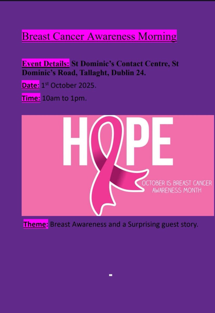 Incoming - Breast Caner Awareness Month. St. Dominic's Community Response Project hosting an awareness morning this Wednesday 💗