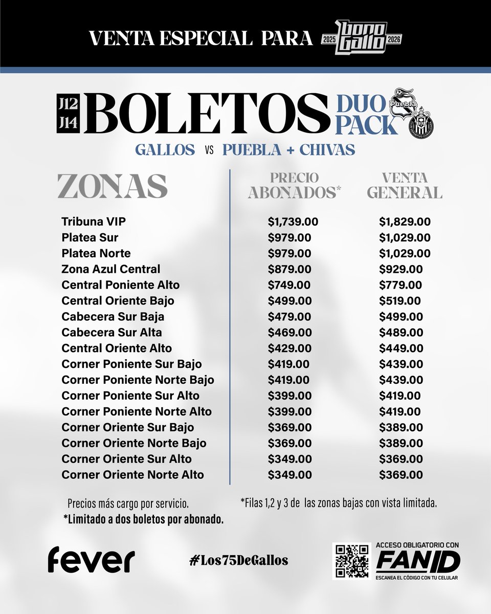 Club_Queretaro's tweet image. 🚨 GALLOS 🚨

Tenemos #DuoPack disponible para los partidos ante Puebla y Chivas. 

¡Si eres abonado, tienes precio preferencial! 

Peeero, si no, también puedes aprovecharlo y conseguir tus entradas.

Disponible aquí: tickets.oneboxtds.com/queretarofc_ti…

#Los75DeGallos